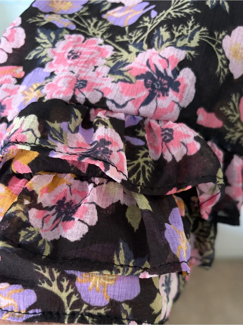 Free People Black Blouse with Pink, Purple & Yellow Floral Print Tie Front